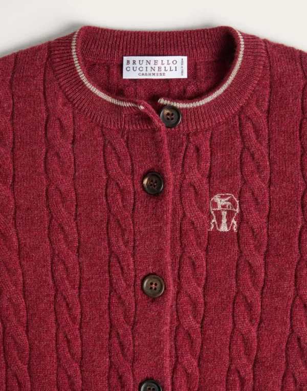 Maglieria-Brunello Cucinelli Cardigan in maglia di cashmere a treccia con logo ricamato Rosso (CQI64)