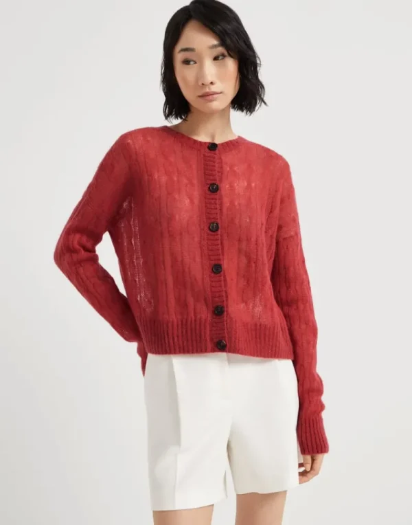 Maglieria-Brunello Cucinelli Cardigan in mohair e lana a treccia Rosso (C7901)