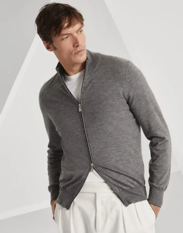 Maglieria-Brunello Cucinelli Cardigan leggero in cashmere e seta con zip Grigio Scuro (CG217)