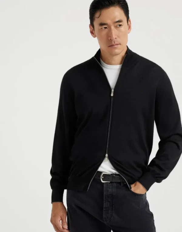 Maglieria-Brunello Cucinelli Cardigan leggero in cashmere e seta con zip Nero (CH101)