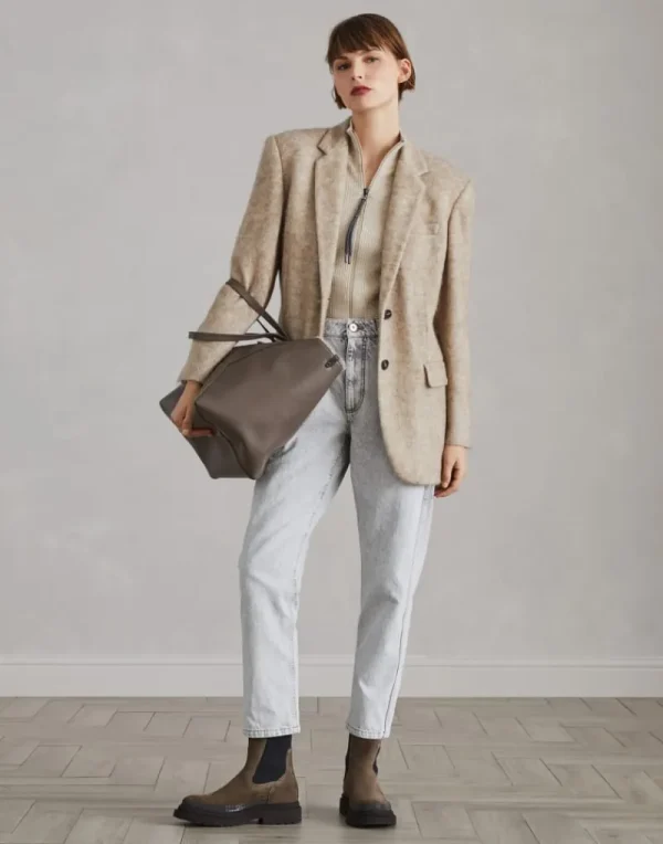 Maglieria-Brunello Cucinelli Cardigan leggero in cashmere e seta Sparkling a coste con Shiny Zipper Pull Deserto (C067)