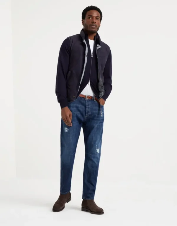 Maglieria-Brunello Cucinelli Cardigan leggero in cashmere e seta con zip Blu Navy (CW425)