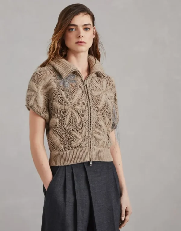 Maglieria-Brunello Cucinelli Cardigan OPERA Flower Crochet in cashmere Piuma fatto a mano Marrone (C077)