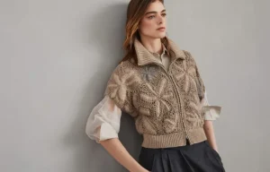 Maglieria-Brunello Cucinelli Cardigan OPERA Flower Crochet in cashmere Piuma fatto a mano Marrone (C077)