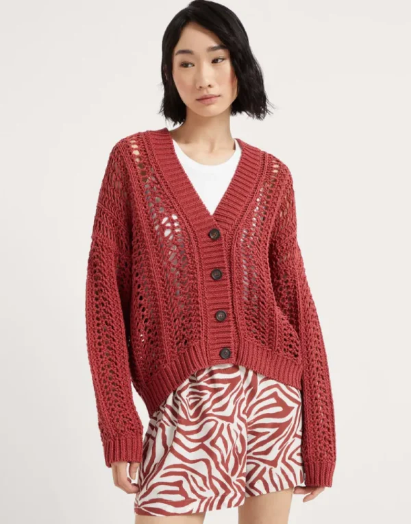 Maglieria-Brunello Cucinelli Cardigan Ribbed Net in cotone Rosso (C7901)