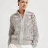 Maglieria-Brunello Cucinelli Cardigan Rustic Dazzling Net di seta e lino Grigio Chiaro (C9593)