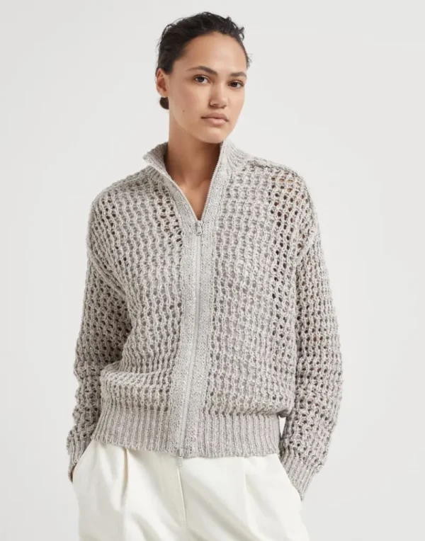 Maglieria-Brunello Cucinelli Cardigan Rustic Dazzling Net di seta e lino Grigio Chiaro (C9593)