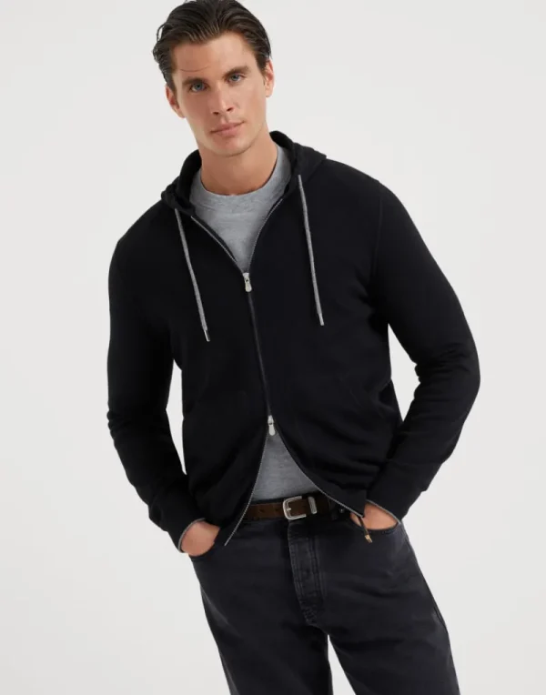 Maglieria-Brunello Cucinelli Cardigan stile felpa in cashmere con zip e cappuccio Nero (CH101)