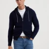 Maglieria-Brunello Cucinelli Cardigan stile felpa in cashmere con zip e cappuccio Blu Navy (CW425)