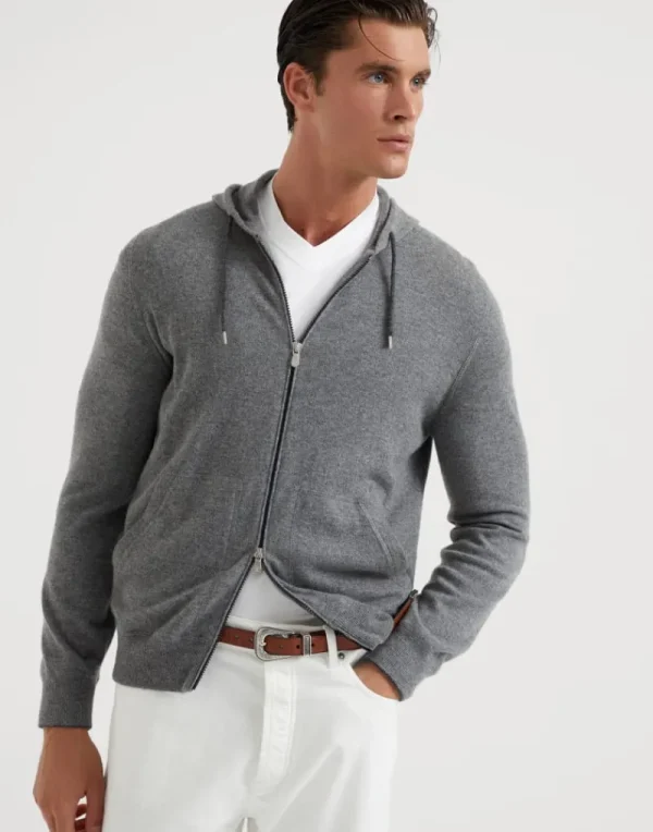 Maglieria-Brunello Cucinelli Cardigan stile felpa in cashmere con zip e cappuccio Grigio Scuro (CG217)