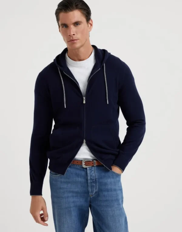 Maglieria-Brunello Cucinelli Cardigan stile felpa in cashmere con zip e cappuccio Blu Navy (CW425)