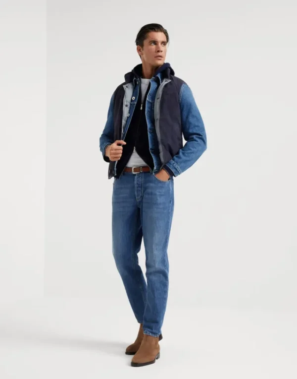 Maglieria-Brunello Cucinelli Cardigan stile felpa in cashmere con zip e cappuccio Blu Navy (CW425)