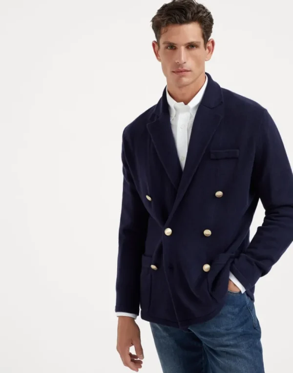 Maglieria-Brunello Cucinelli Cardigan stile giacca un petto e mezzo in cashmere con bottoni in metallo Blu Navy (C2425)