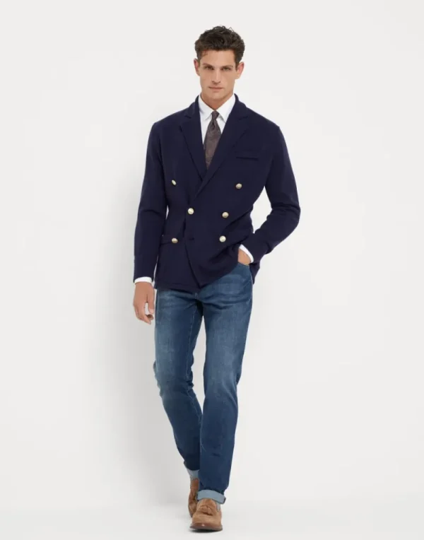 Maglieria-Brunello Cucinelli Cardigan stile giacca un petto e mezzo in cashmere con bottoni in metallo Blu Navy (C2425)