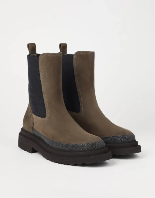 Stivali-Brunello Cucinelli Chelsea Boot in camoscio con Precious Contour Corteccia (C8769)