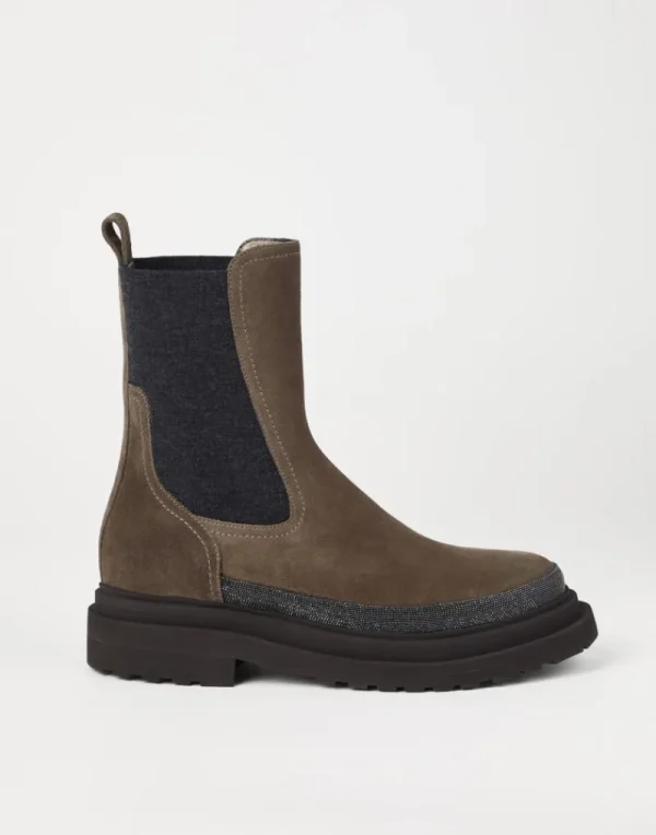 Stivali-Brunello Cucinelli Chelsea Boot in camoscio con Precious Contour Corteccia (C8769)