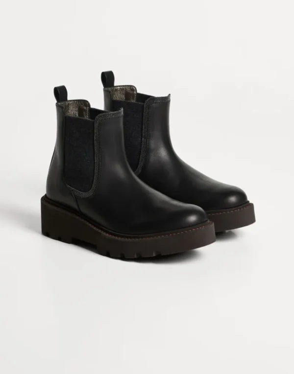 Scarpe-Brunello Cucinelli Chelsea boot in vitello Mat con monile Nero (C101)