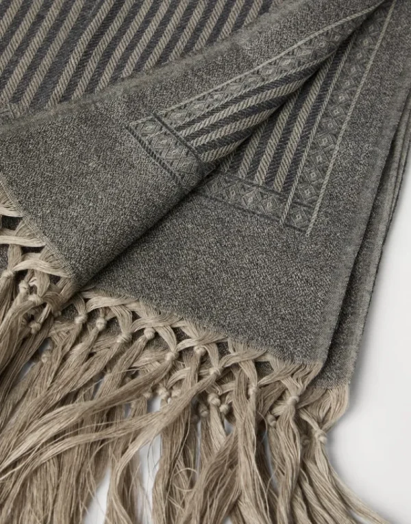 Tavola & Cucina | Accappatoi & Teli-Brunello Cucinelli Coppia di teli in chevron di lino e cashmere con frange annodate a mano Grigio Scuro (CRR52)