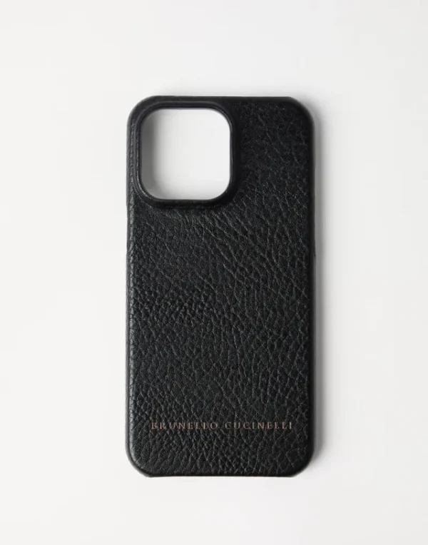 Life Attitude-Brunello Cucinelli Cover per iPhone 15 Pro Max in vitello con grana Nero (C101)