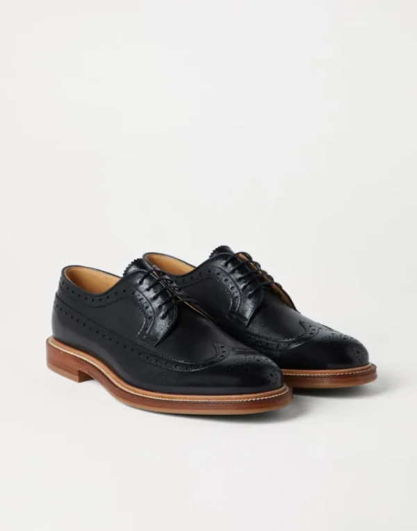 Stringate-Brunello Cucinelli Derby Full Brogue in vitello texture Nero (C101)