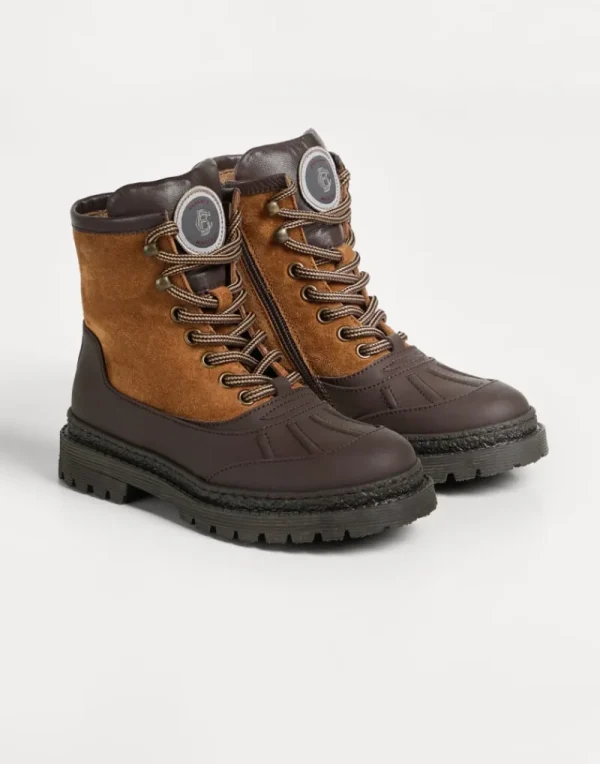 Scarpe-Brunello Cucinelli Duck Boot in camoscio lavato e vitello gommato con patch Marrone (CQG31)