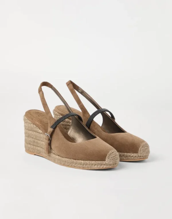 Tacchi-Brunello Cucinelli Espadrillas in camoscio con zeppa e Precious Strap Marrone (C7495)