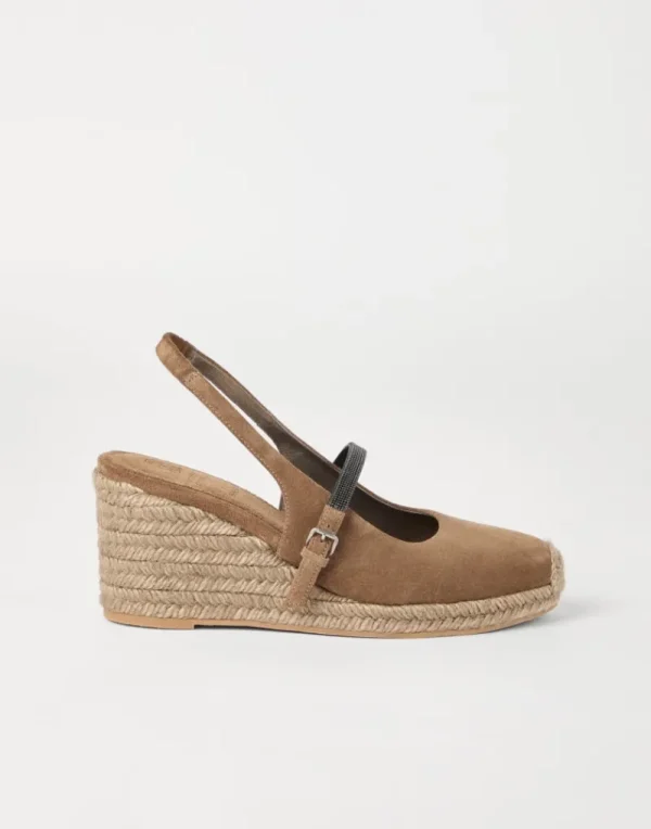 Tacchi-Brunello Cucinelli Espadrillas in camoscio con zeppa e Precious Strap Marrone (C7495)