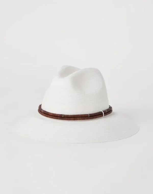 Cappelli-Brunello Cucinelli Fedora in canapa e cotone techno con fascia in pelle e monile Bianco (C159)