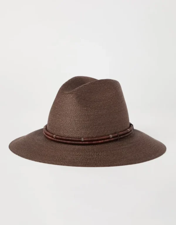 Cappelli-Brunello Cucinelli Fedora in canapa e cotone techno con fascia in pelle e monile Marrone Chiaro (C8886)