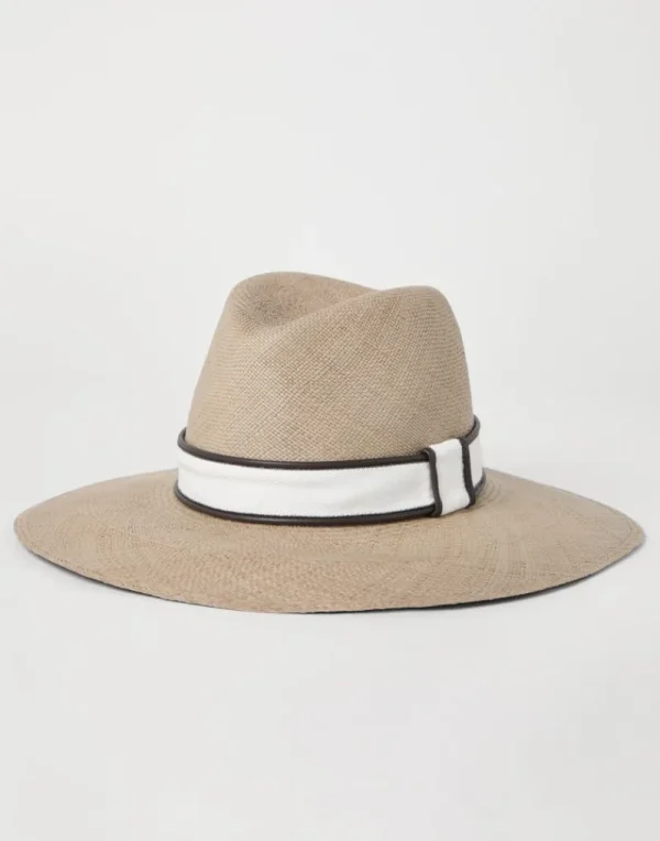 Cappelli-Brunello Cucinelli Fedora in paglia con fascia e monile Beige Freddo (C7549)