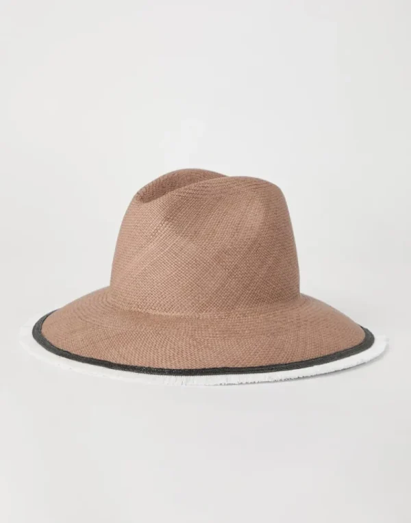 Cappelli-Brunello Cucinelli Fedora in paglia con Precious Raffia Trim Marrone Chiaro (CDB72)