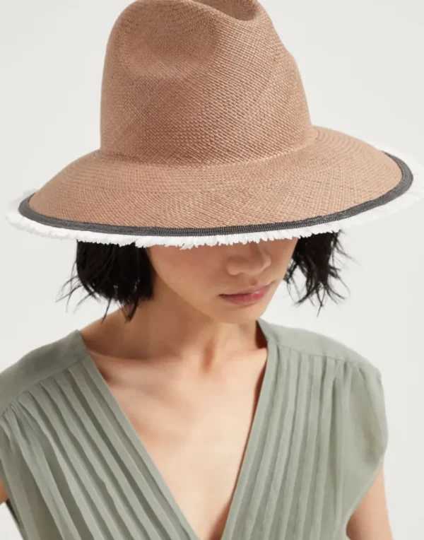 Cappelli-Brunello Cucinelli Fedora in paglia con Precious Raffia Trim Marrone Chiaro (CDB72)