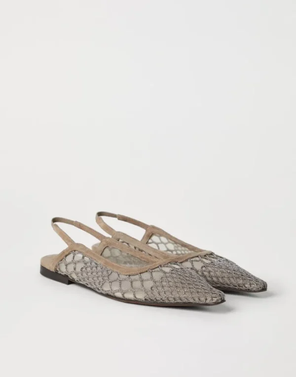 Sandali-Brunello Cucinelli Flats aperte Precious Net Embroidery Fango (C9543)