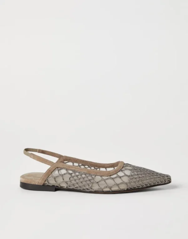 Sandali-Brunello Cucinelli Flats aperte Precious Net Embroidery Fango (C9543)