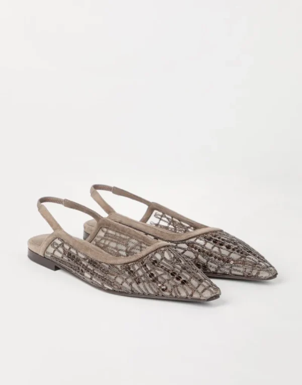 Sandali-Brunello Cucinelli Flats Slingback Glistening Abstract Embroidery in camoscio Cioccolato (C3022)