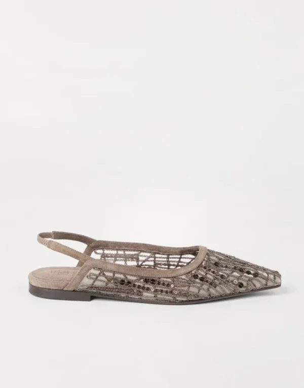 Sandali-Brunello Cucinelli Flats Slingback Glistening Abstract Embroidery in camoscio Cioccolato (C3022)