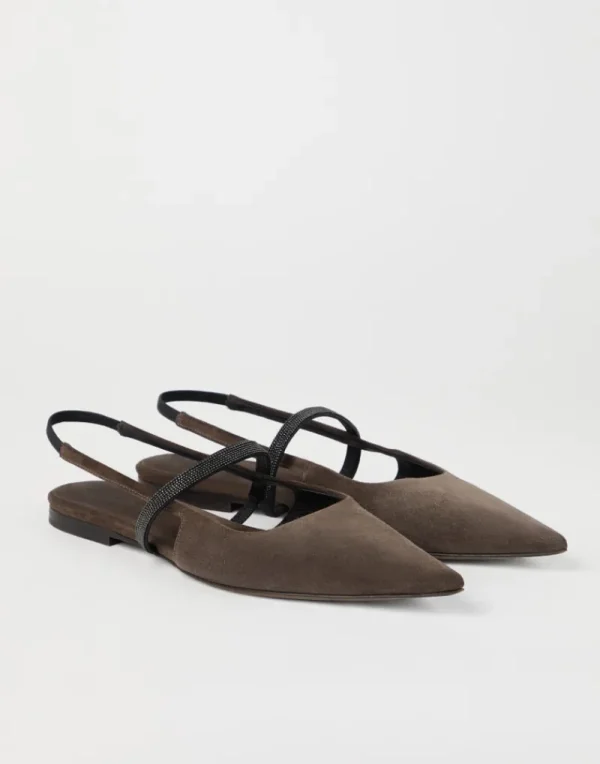 Sandali-Brunello Cucinelli Flats Slingback in camoscio con Shiny Strap Marrone (C8769)