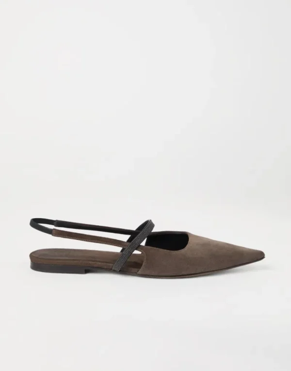 Sandali-Brunello Cucinelli Flats Slingback in camoscio con Shiny Strap Marrone (C8769)