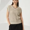 Maglieria-Brunello Cucinelli Gilet in maglia di cotone costa traforata con monile Beige Freddo (C9731)