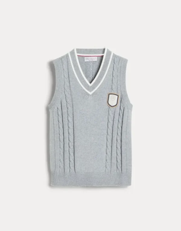 Maglieria-Brunello Cucinelli Gilet in maglia di cotone a treccia con badge Tennis Grigio (CP157)