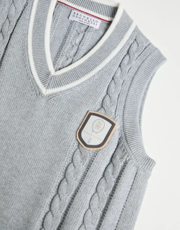 Maglieria-Brunello Cucinelli Gilet in maglia di cotone a treccia con badge Tennis Grigio (CP157)