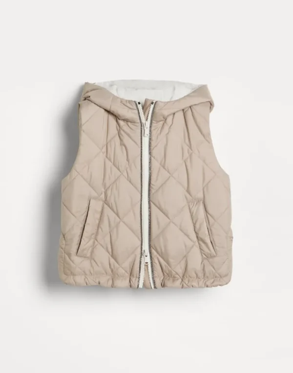 Capospalla-Brunello Cucinelli Gilet in nylon idrorepellente con imbottitura in Thermore®, cappuccio e monile Tortora (C7958)