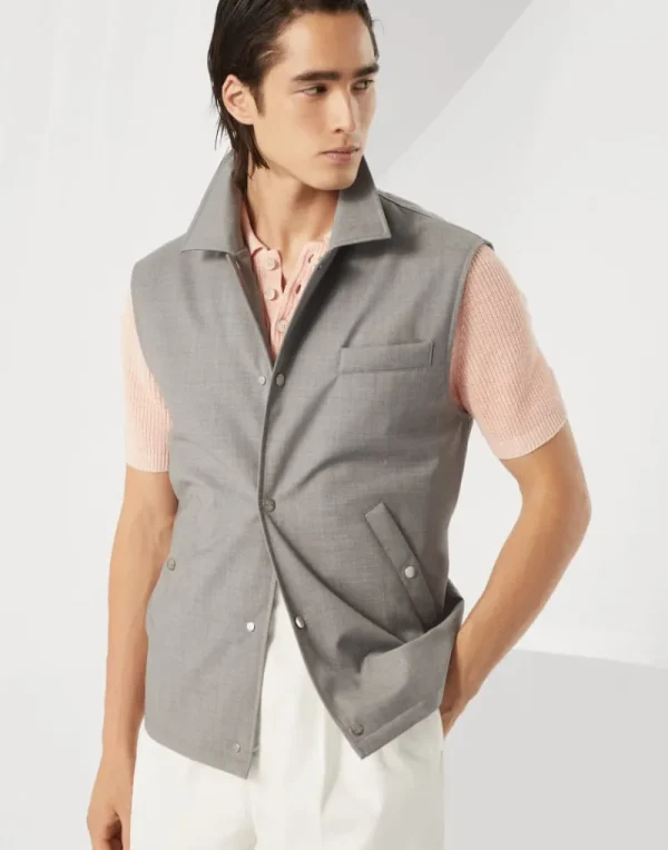 Capospalla-Brunello Cucinelli Gilet in tela di lana vergine membranata con imbottitura in Thermore® e collo stile camicia Grigio Chiaro (CMM49)