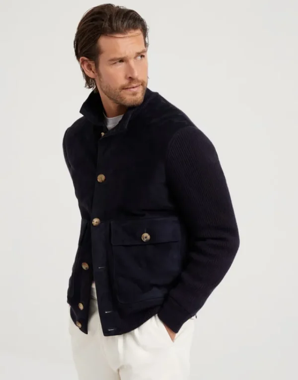 Capospalla-Brunello Cucinelli Giubbino in camoscio e maglia di cashmere costa inglese Blu Navy (CRR30)