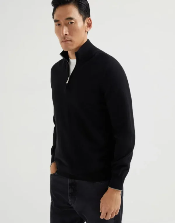 Maglieria-Brunello Cucinelli Maglia collo alto in cashmere con apertura zip Nero (CH101)