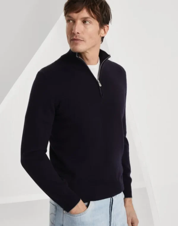 Maglieria-Brunello Cucinelli Maglia collo alto in cashmere con apertura zip Blu Navy (CW425)