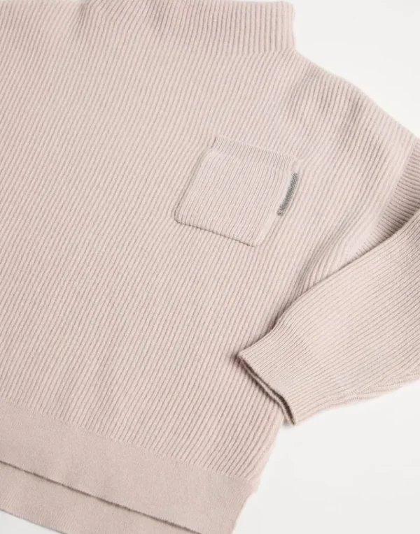 Maglieria-Brunello Cucinelli Maglia collo alto in cashmere costa inglese con taschino e monile Rosa (C9614)