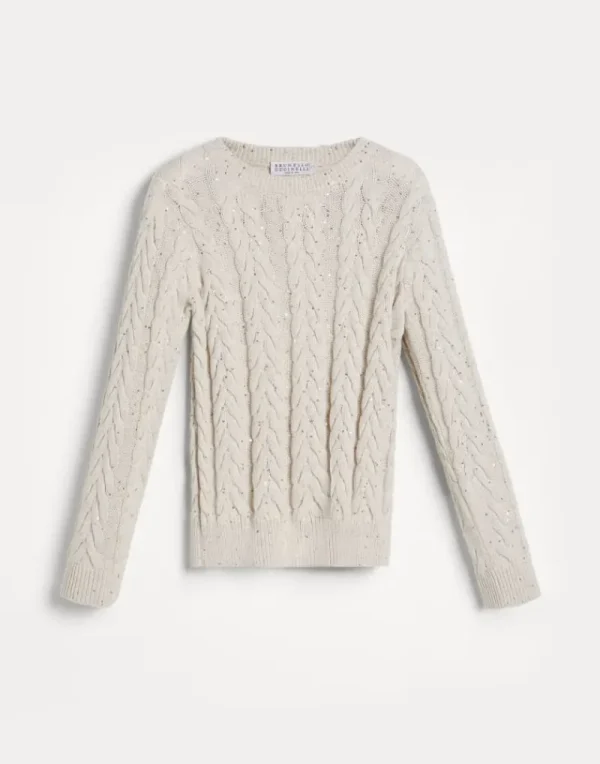 Maglieria-Brunello Cucinelli Maglia Dazzling Double Cable in cotone Avena (CJ430)