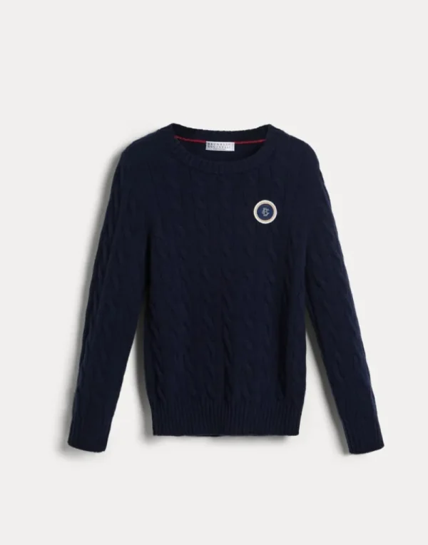 Maglieria-Brunello Cucinelli Maglia in cashmere a treccia con patch Blu Navy (C2425)