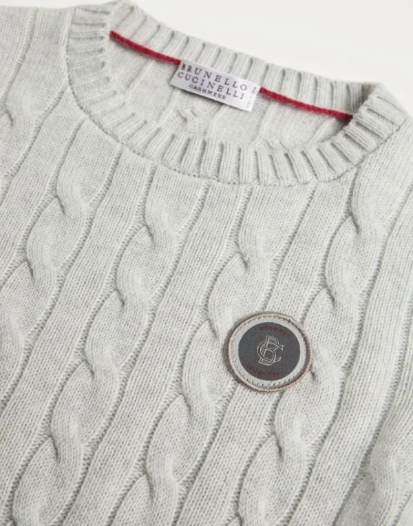 Maglieria-Brunello Cucinelli Maglia in cashmere a treccia con patch Nebbia (C2719)